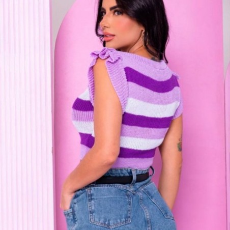 Cropped Blusa Listrado Em Trico Com Babado Na Manga Feminina - Feira da Madrugada SP