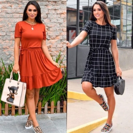 Vestido Curto Feminino Rodado Acinturado Com Amarração - Feira da Madrugada SP