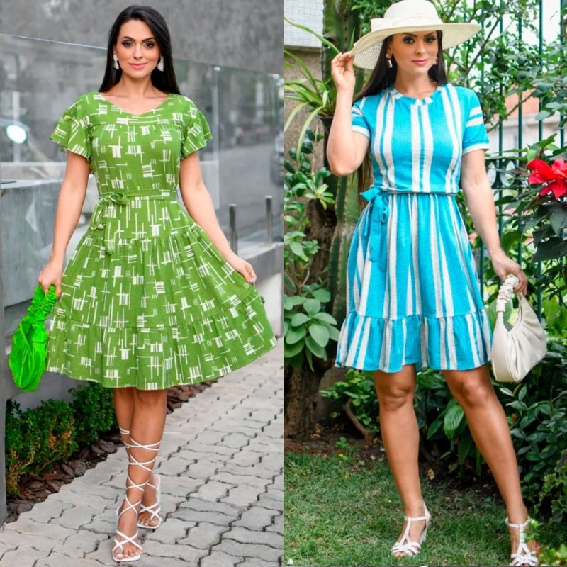 Vestido Curto Feminino Rodado Acinturado Com Amarração - Feira da Madrugada SP