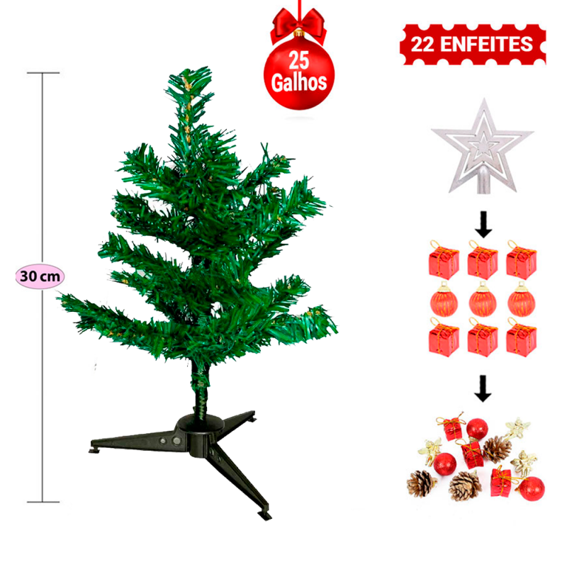 Kit Mini Árvore 30cm 25 Galhos + 22 Enfeites De Natal - Compre Agora!
