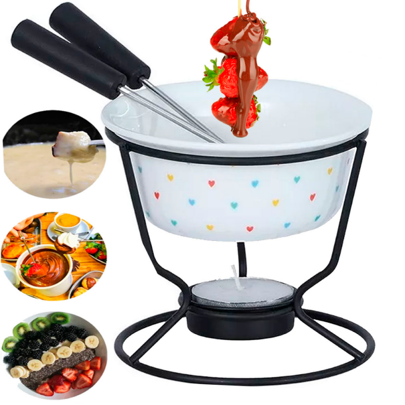 Conjunto Para Fondue De Cerâmica 5 Peças Corações Coloridos - Compre Agora!