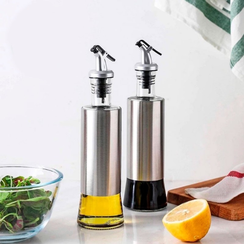 Porta Azeite E Vinagre De Vidro Cristal Prata 200Ml - Feira da Madrugada SP