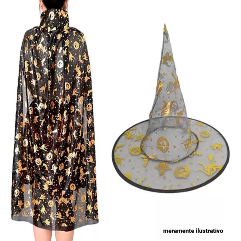 Kit Bruxa Fantasia Halloween Com Chapéu E Capa Estampado - Compre Agora!