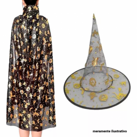 Kit Bruxa Fantasia Halloween Com Chapéu E Capa Estampado - Compre Agora!