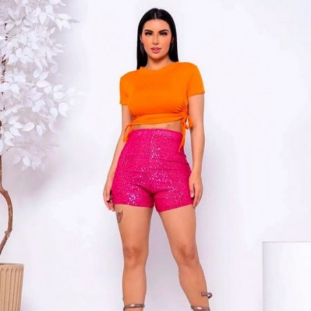 Blusa Cropped Manga Curta Com Amarração Canelado Feminino - Feira da Madrugada SP