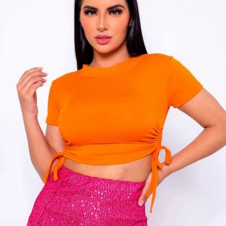 Blusa Cropped Manga Curta Com Amarração Canelado Feminino - Feira da Madrugada SP