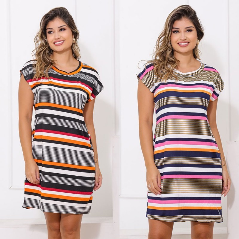 Vestido Feminino Estampa Listrada Manga Curta - Feira da Madrugada SP