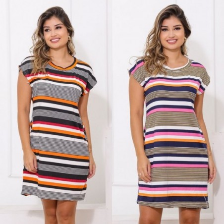 Vestido Feminino Estampa Listrada Manga Curta - Feira da Madrugada SP