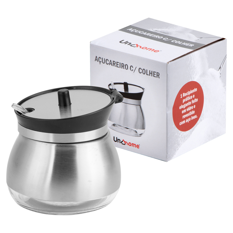 Açucareiro Porta Condimento De Vidro Inox + Colher 250ml - Compre Agora!