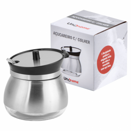 Açucareiro Porta Condimento De Vidro Inox + Colher 250ml - Compre Agora!