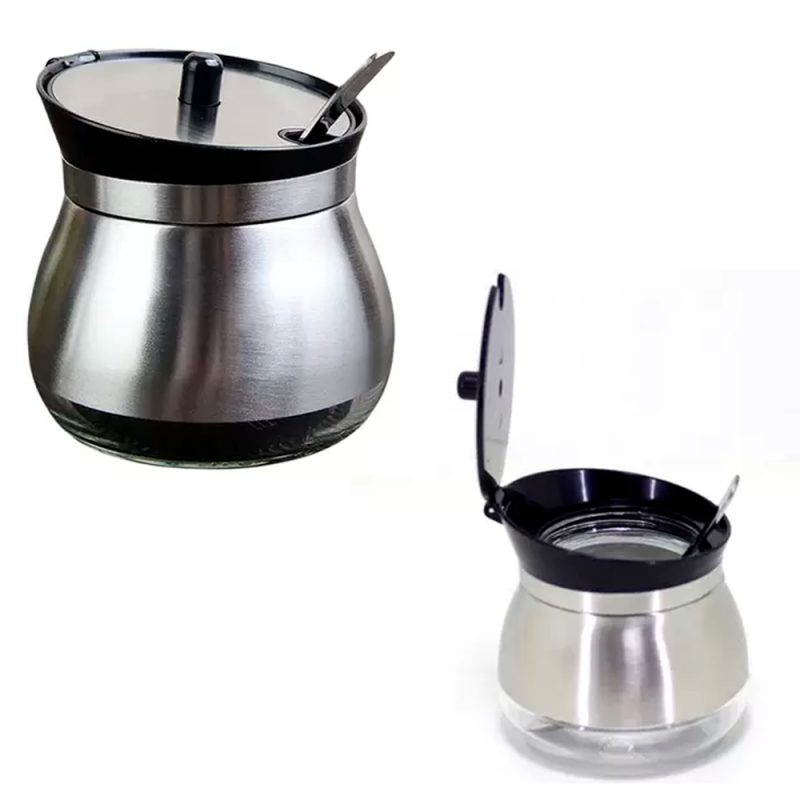 Açucareiro Porta Condimento De Vidro Inox + Colher 250ml - Compre Agora!