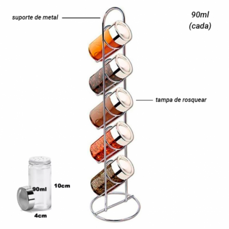 Porta Temperos Com 5 Peças 90ml E 1 Base Vertical - Feira Da Madrugada SP