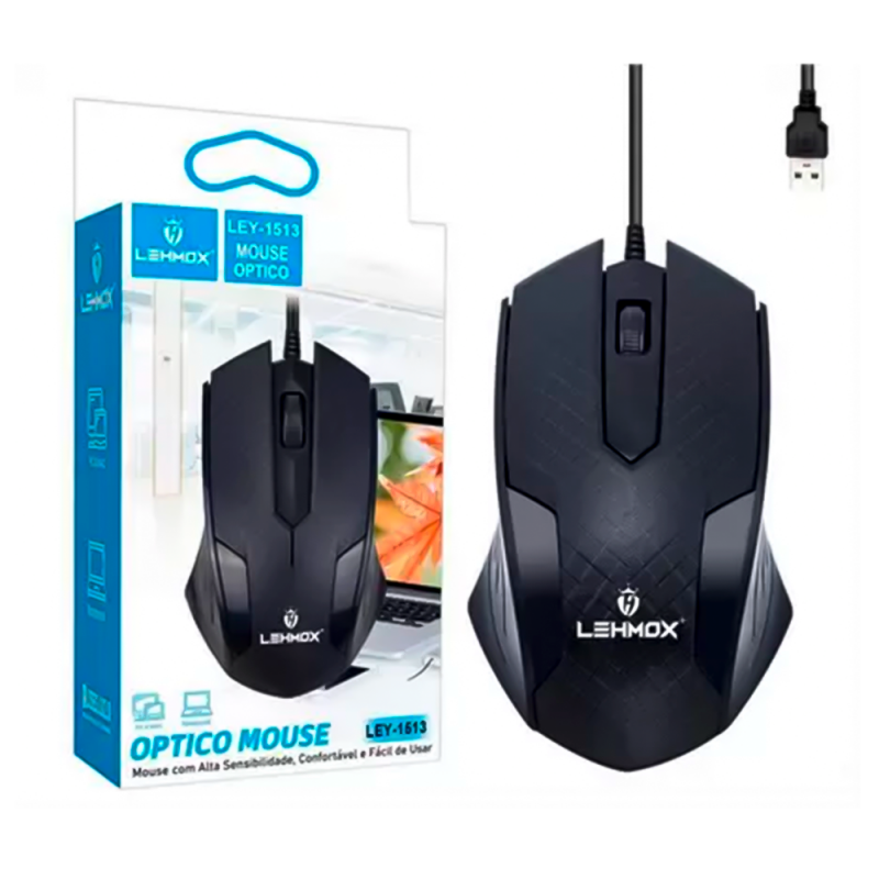 Mouse Óptico Com Fio USB 3.0 Preto Design Moderno - Feira Da Madrugada SP
