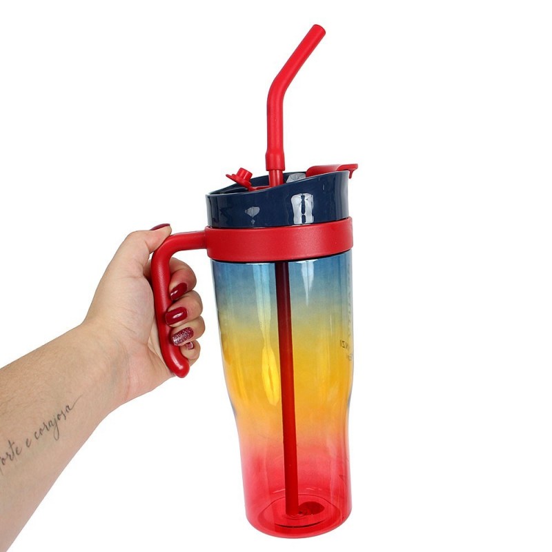 Copo Garrafa Degradê 1200ml Tampa Com Alça E Canudo - Feira Da Madrugada SP