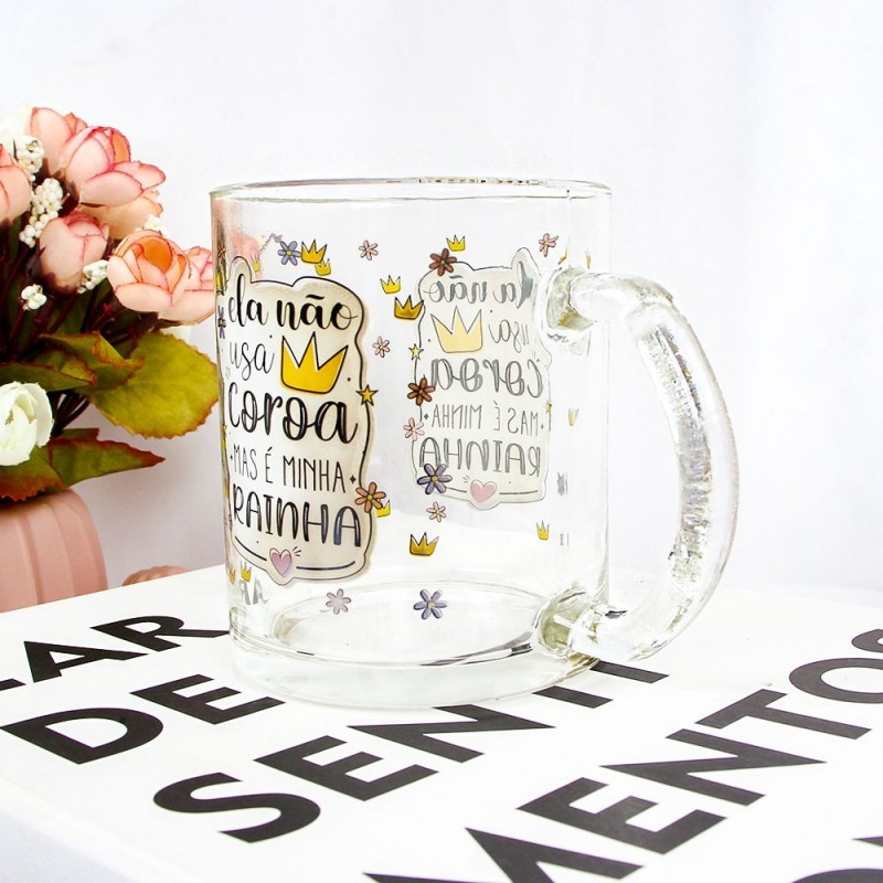 Caneca De Vidro 320ML Transparente Mãe Flor Mais Linda - Feira Da madrugada SP!