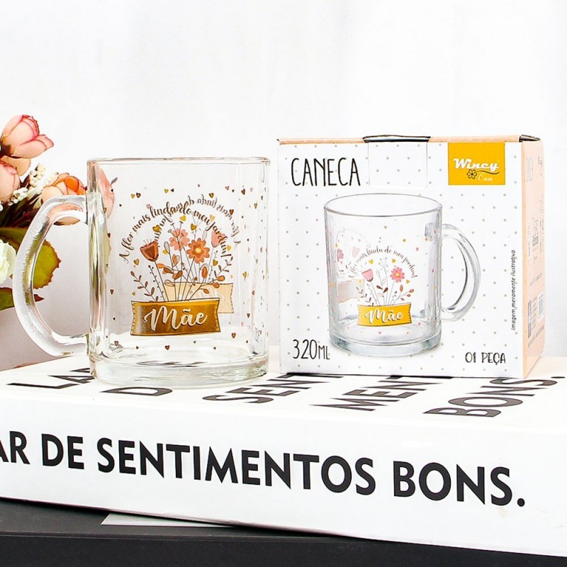 Caneca De Vidro 320ML Transparente Mãe Flor Mais Linda - Feira Da madrugada SP!