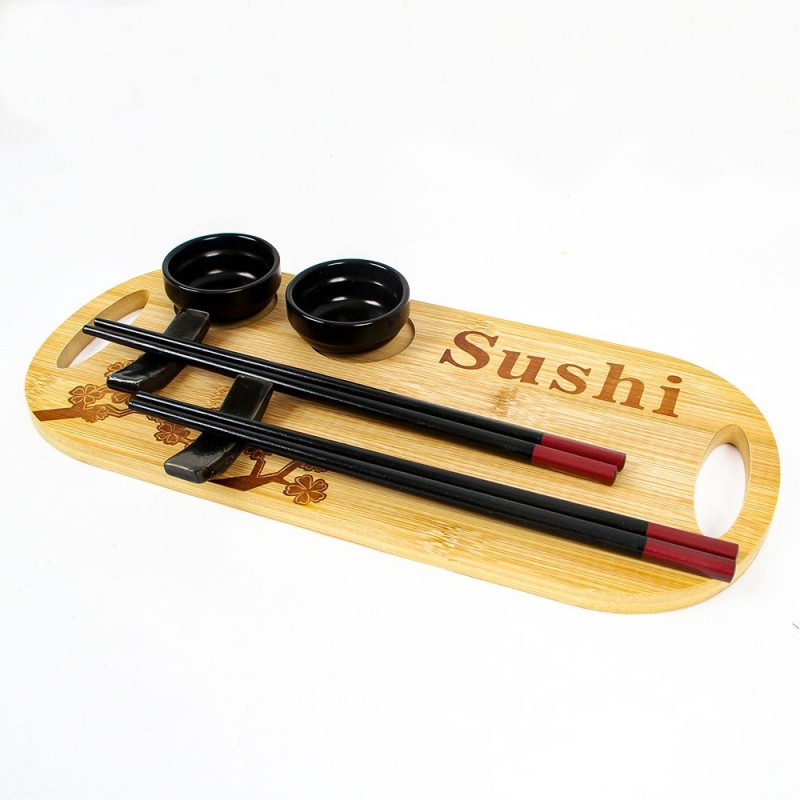 Kit Sushi 7 Peças Conjunto Oriental Bambu e Porcelana - Feira Da Madrugada SP