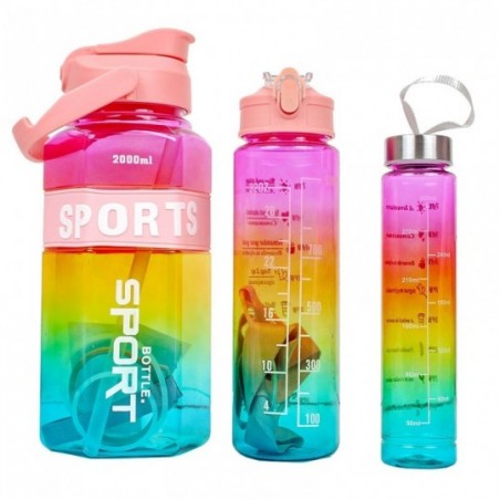 Kit 3 Garrafas Sports Coloridas De 300Ml A 2L Com Cordão - Feira Da Madrugada SP
