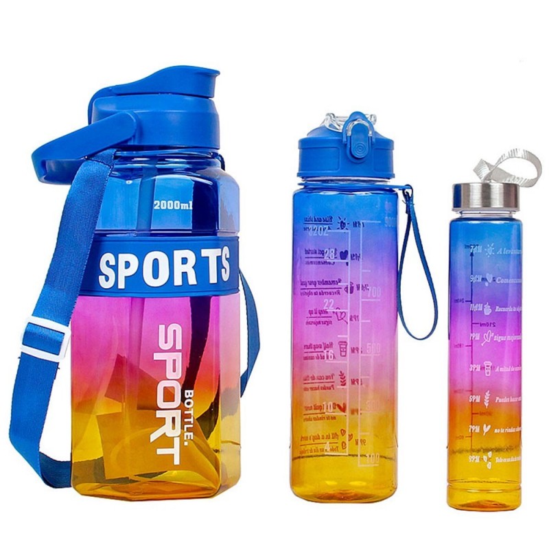 Kit 3 Garrafas Sports Coloridas De 300Ml A 2L Com Cordão - Feira Da Madrugada SP