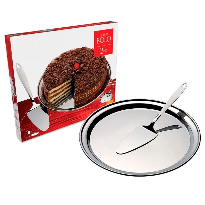 Kit Para Bolo 2 Peças Com Bandeja E Espátula Em Inox- Feira Da Madrugada SP