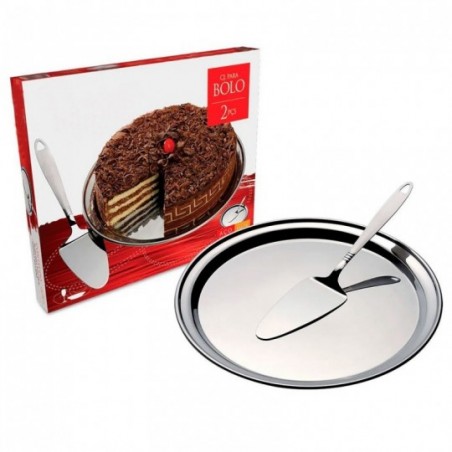 Kit Para Bolo 2 Peças Com Bandeja E Espátula Em Inox- Feira Da Madrugada SP