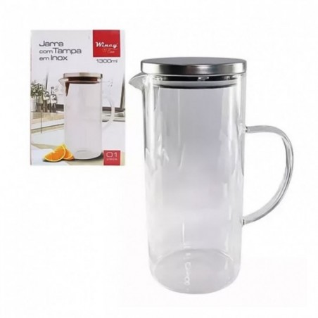 Jarra De Vidro Com Alça E Tampa Em Inox 1300ml