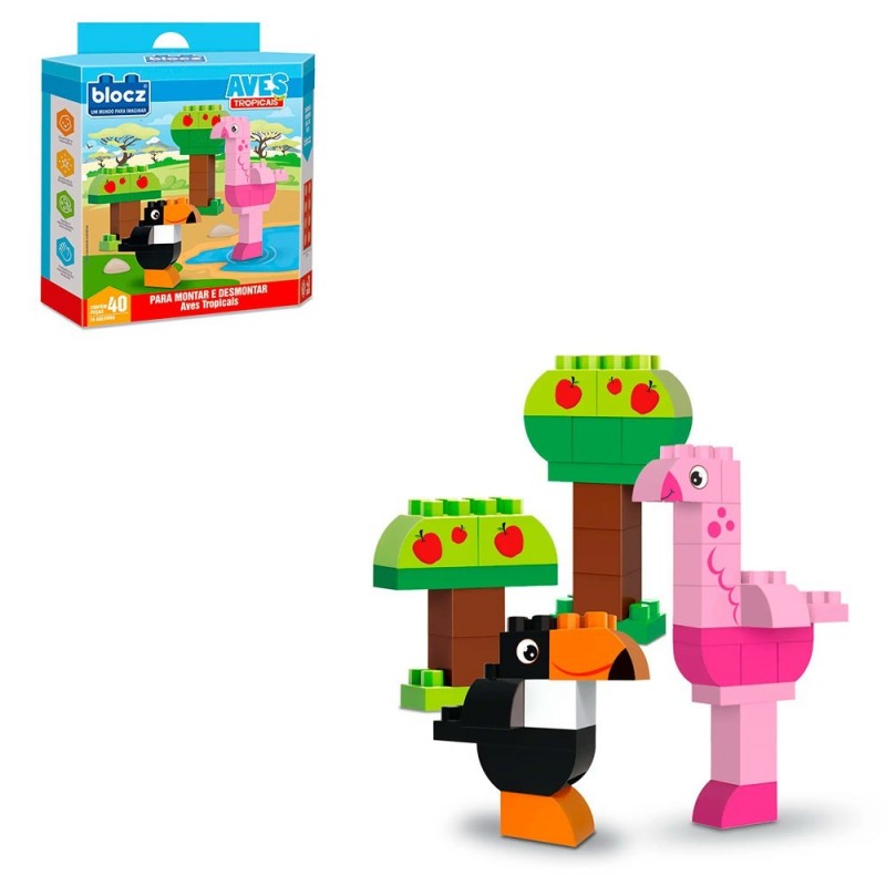 Blocos De Montar Aves Tropicais 40 Peças Brinquedo Infantil