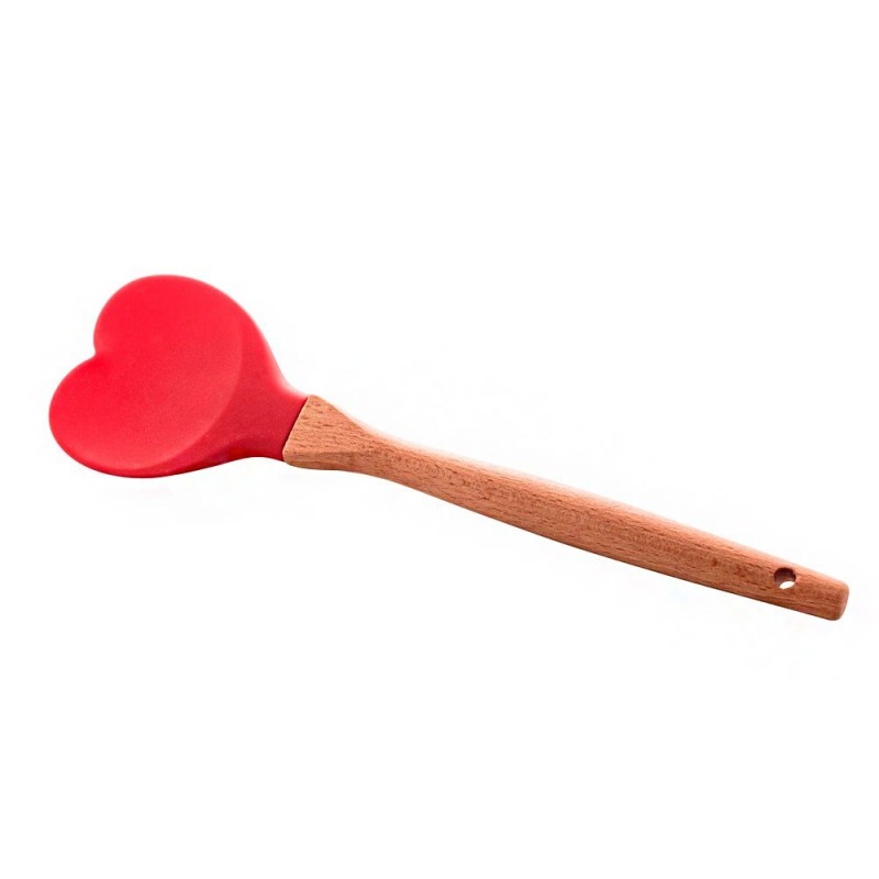 Colher De Silicone Em Formato De Coração 26cm Cabo De Madeira