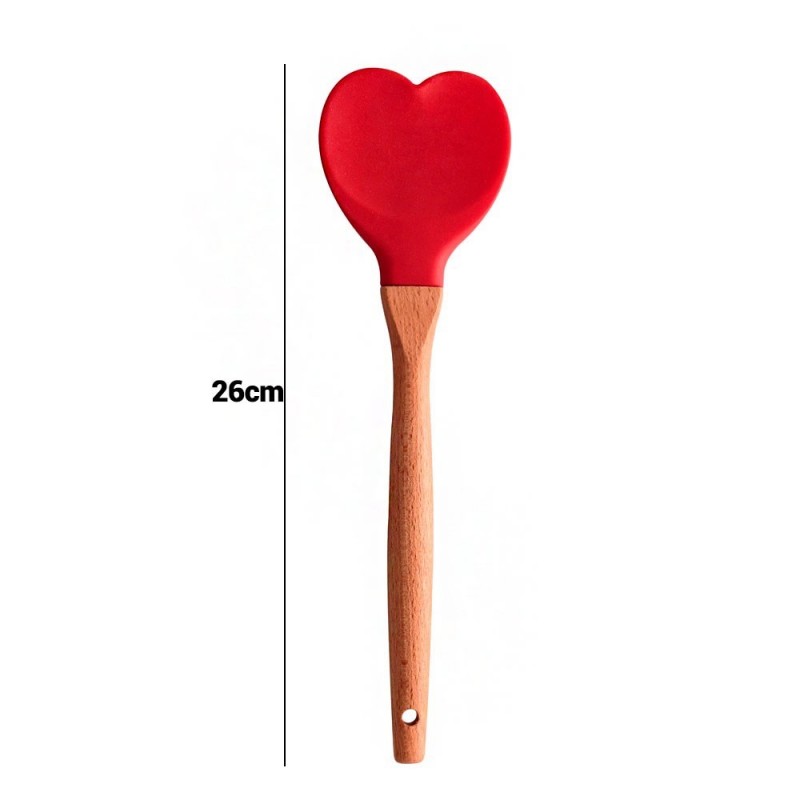 Colher De Silicone Em Formato De Coração 26cm Cabo De Madeira