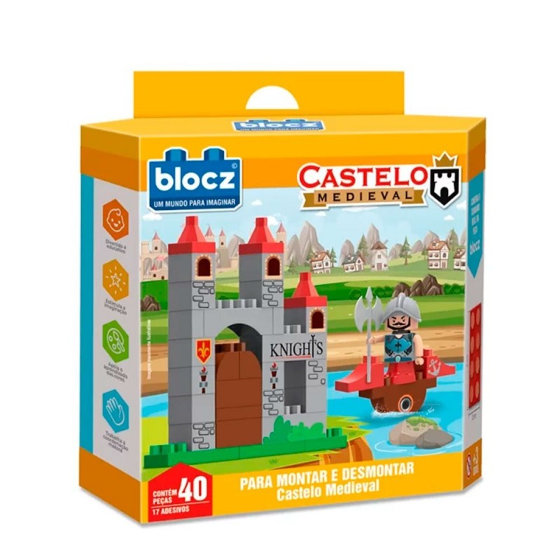 Blocos De Montar Castelo Medieval Com 17 Adesivos E 40 Peças