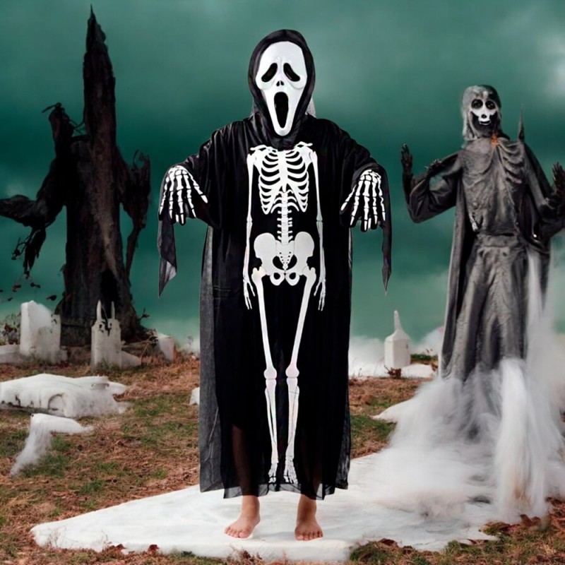 Fantasia De Esqueleto 120cm De Poliéster Para Halloween