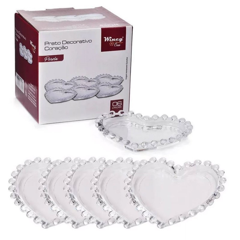 Prato Decorativo De Vidro Pérolas Coração 6 Peças