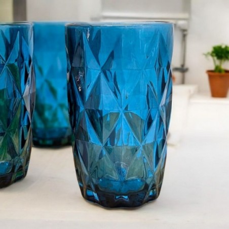 Conjunto Jogo De 4 Copos De Vidro Diamond Azul 370ml