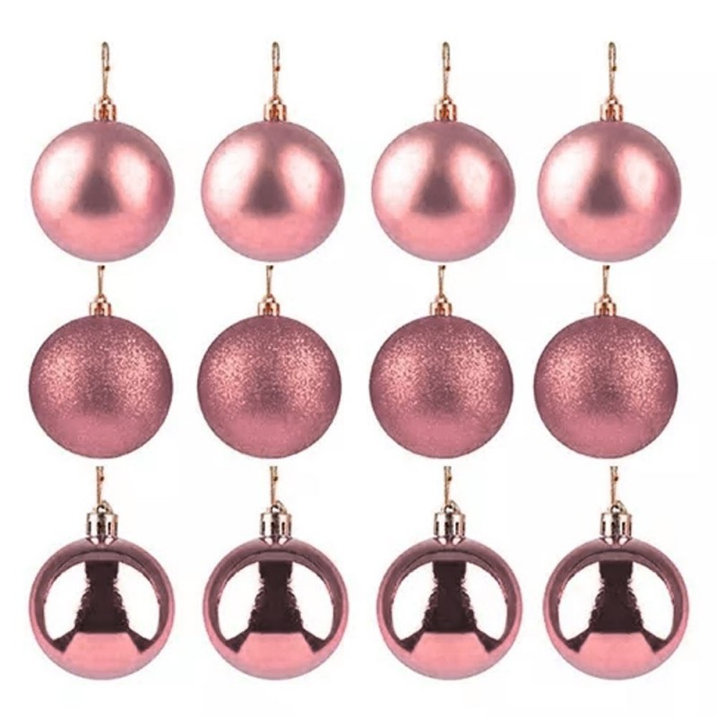 Kit 12 Bolas De Natal Lisa Fosca Glitter 5cm Rosê
