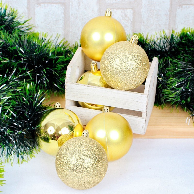 Kit 6 Bolas De Natal Dourado 7cm Mista Enfeite De Arvore