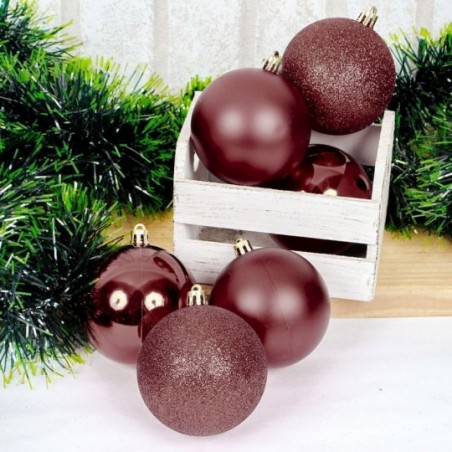 Kit 6 Bolas De Natal Vinho 7cm Mista Enfeite De Arvore