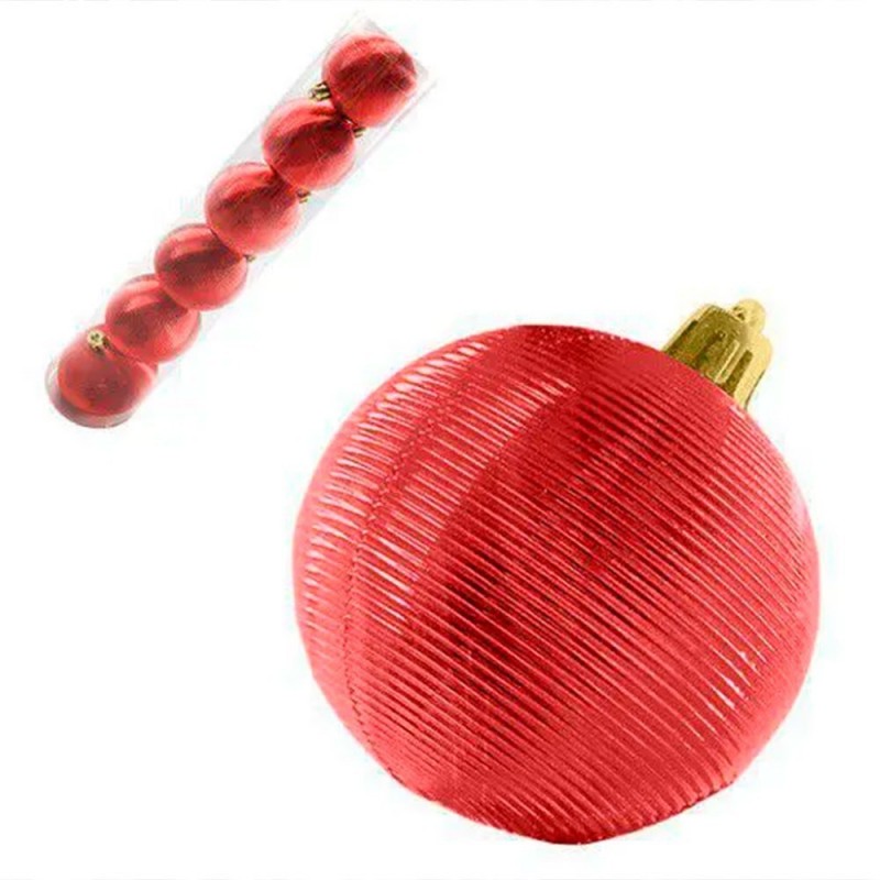 Kit 6 Bolas De Natal 6cm Vermelho Textura Espiral