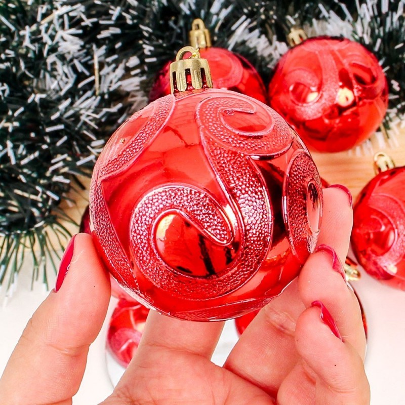 Kit 6 Bolas De Natal Decorada Arabesco 6cm Vermelho