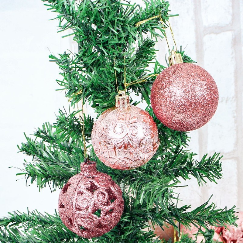 Kit Bola De Natal Mista 9 Peças Glitter Espelhada 6 Cm Rosê