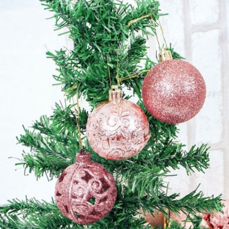 Kit Bola De Natal Mista 9 Peças Glitter Espelhada 6 Cm Rosê