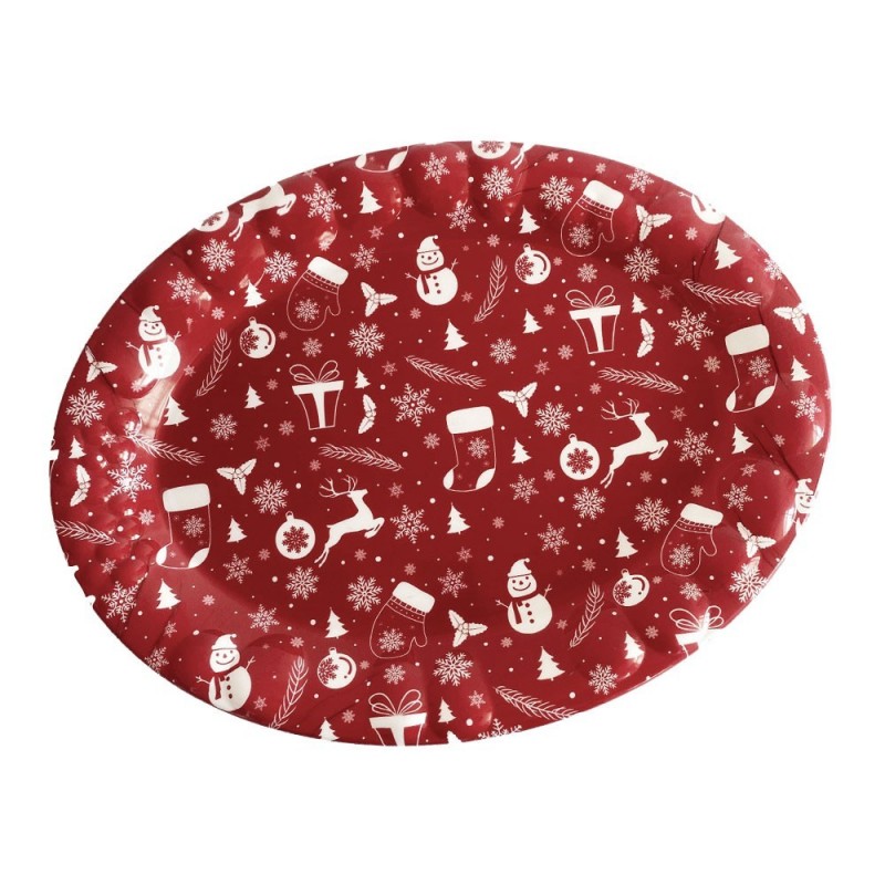 Bandeja Plástico Oval Vermelha 36,5cm Figuras Natalinas
