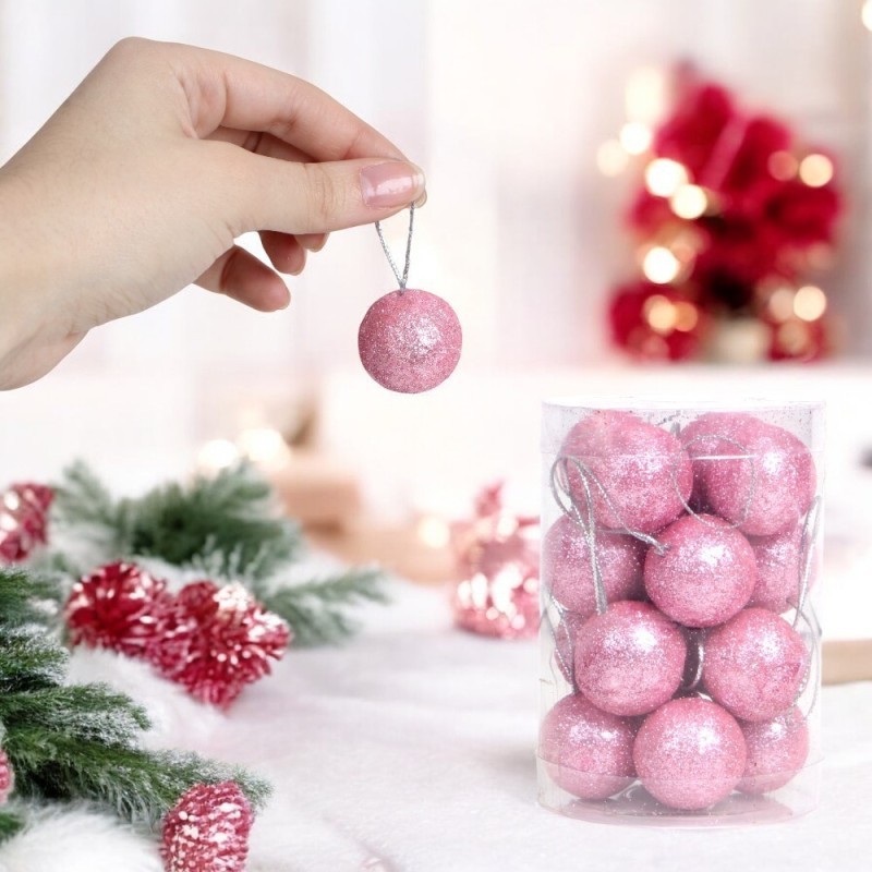 Kit Enfeite Bola De Natal Glitter 16 Peças Rosa 4cm No Tubo