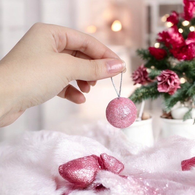 Kit Enfeite Bola De Natal Glitter 16 Peças Rosa 4cm No Tubo