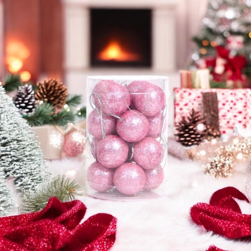 Kit Enfeite Bola De Natal Glitter 16 Peças Rosa 4cm No Tubo