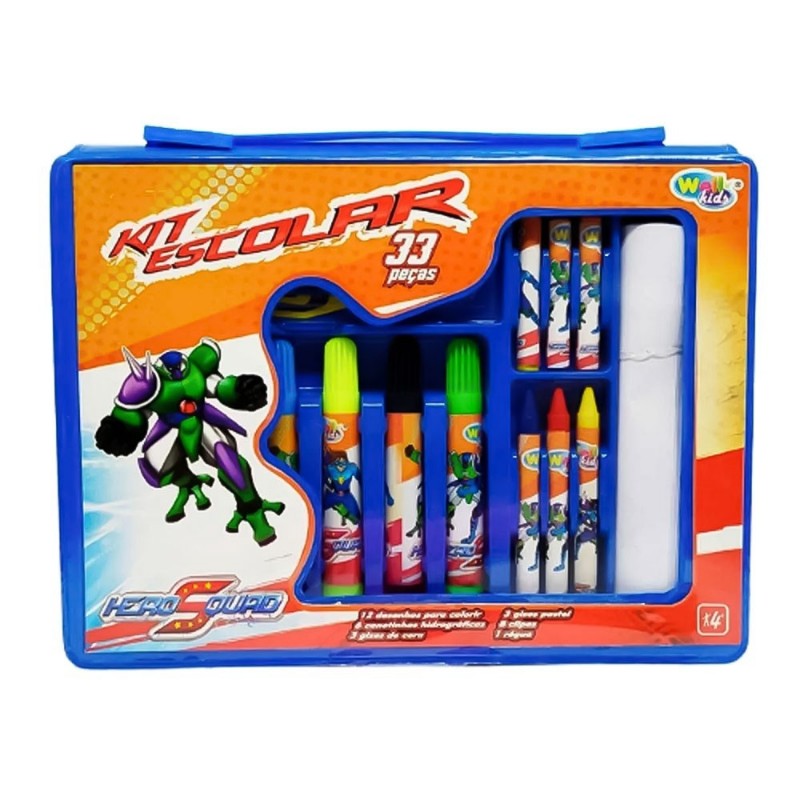 Estojo Kit Escolar De Pintura Hero Squad 33 Peças Com Canetinhas