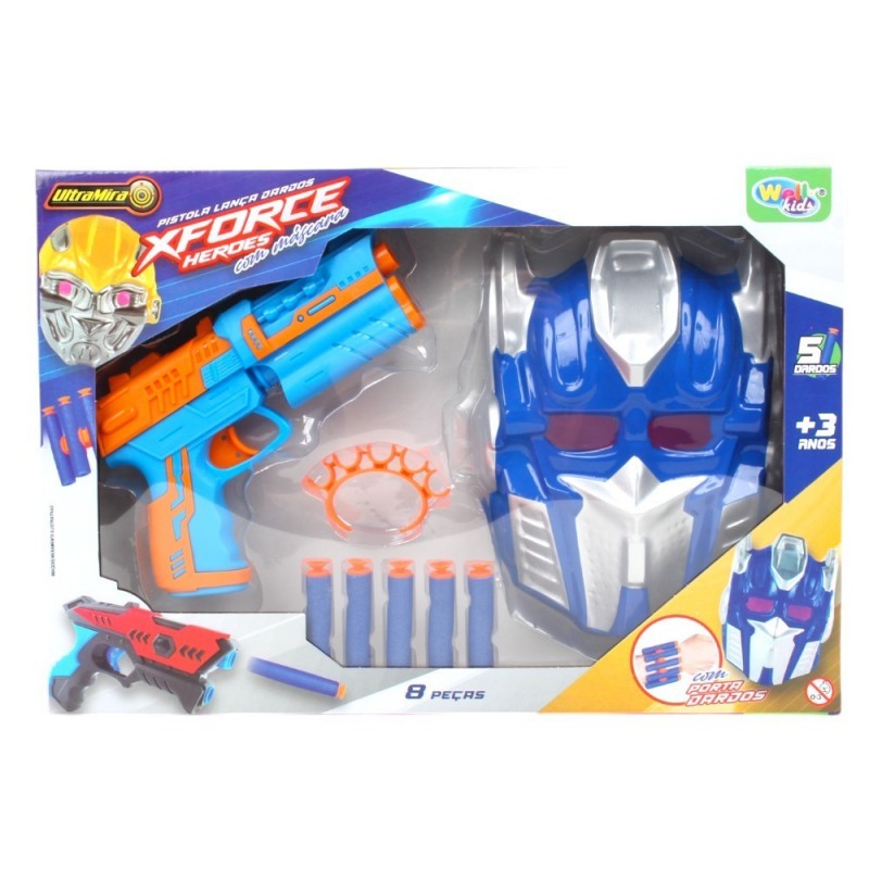 Pistola Lança Dardos X-Force Heroes 8 Peças Com Máscara
