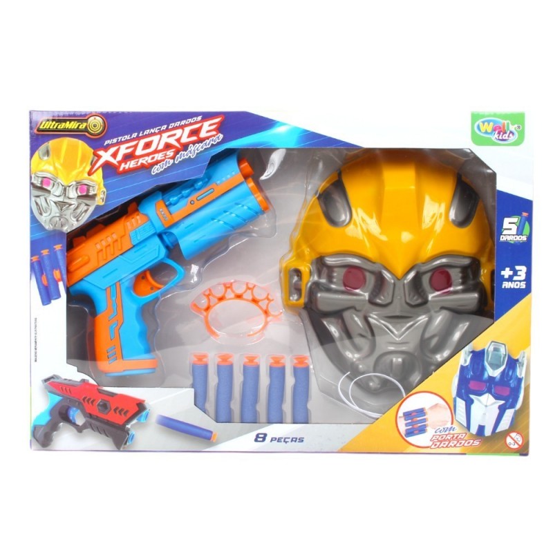 Pistola Lança Dardos X-Force Heroes 8 Peças Com Máscara