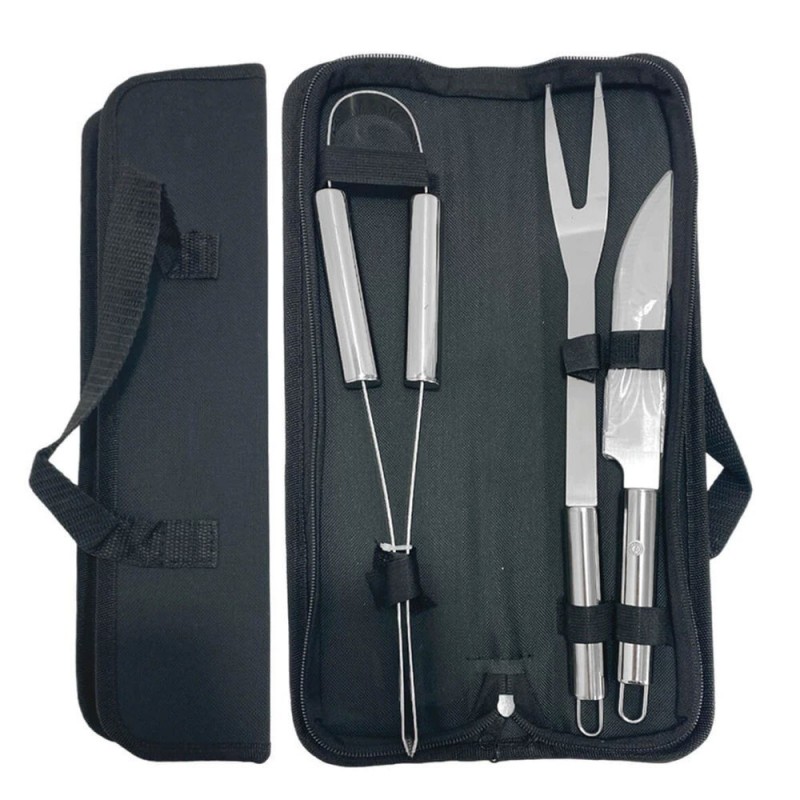 Kit Conjunto Para Churrasco De Inox 3 Em 1 Com Estojo