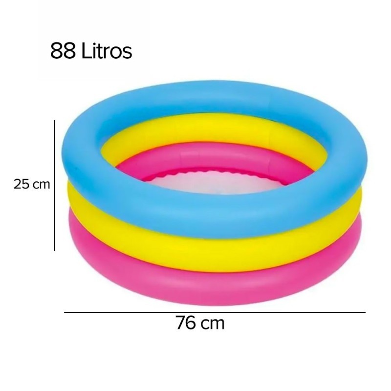 Piscina Inflável Infantil 88 Litros Colorido 3 Anéis