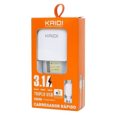 Carregador Rápido 3.1A Triplo USB Com Cabo V8